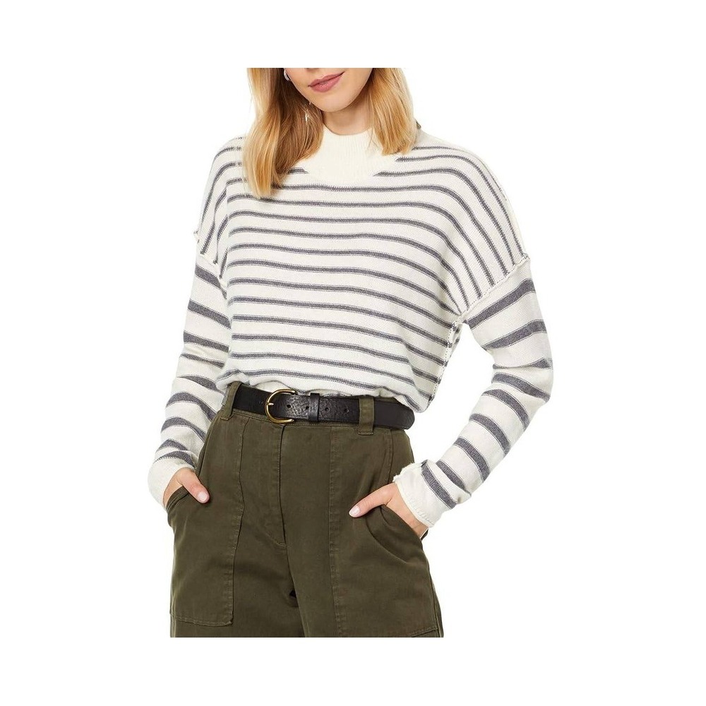 Madewell Sweater S Stripe Play Mock Neck Cream Charcoal Roll Hem Outside Stitch